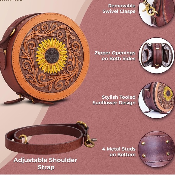 Sunflower Embossed Round Leather Bag genuine leather - Picture 5 of 6